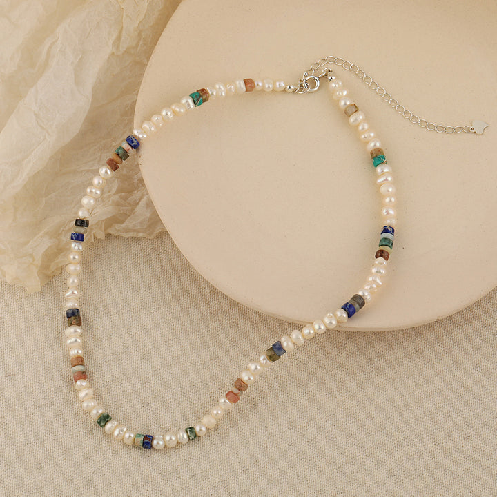 Carl Imro Resort Wind Colorful Stone of Natural Pearl 925 Sterling Silver Necklace