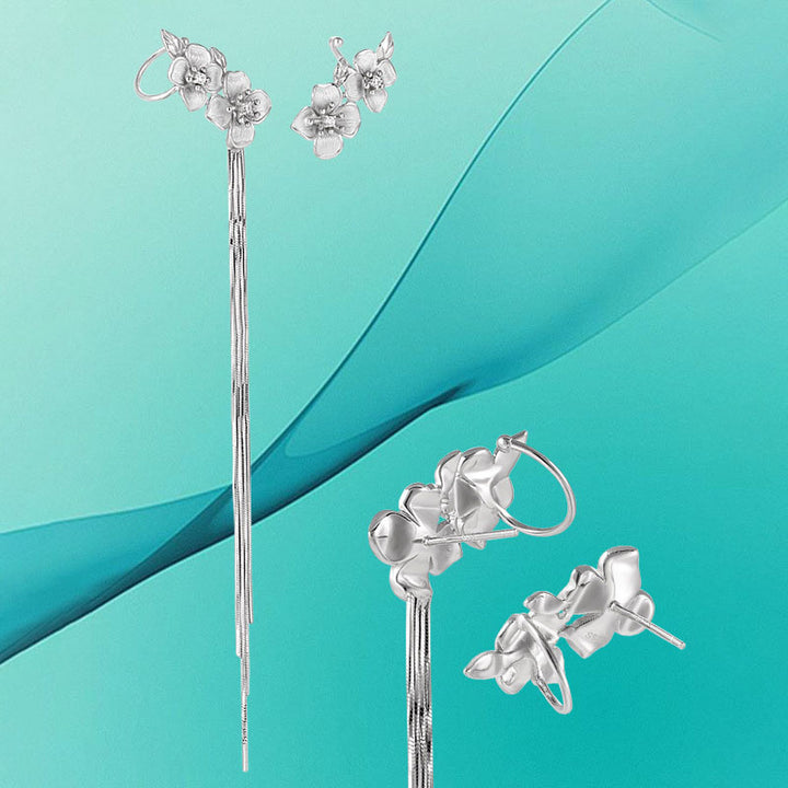 Carl Imro Asymmetric Women Peach Blossom Flower Tassels 925 Sterling Silver Dangling Earrings