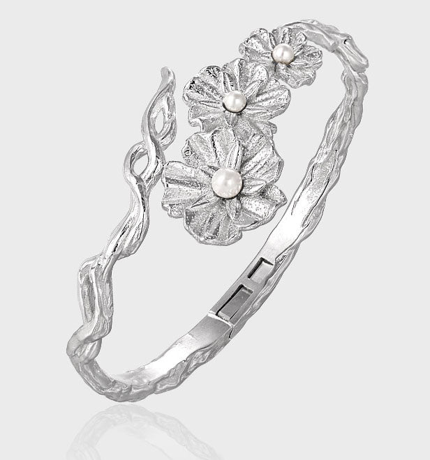 Carl Imro Beautiful Elegant Shell Pearls Flowers 925 Sterling Silver Open Bangle