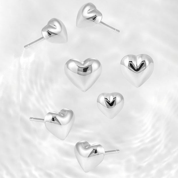 CRLi 3D 925 Sterling Silver Simple Love Heart Stud Earrings