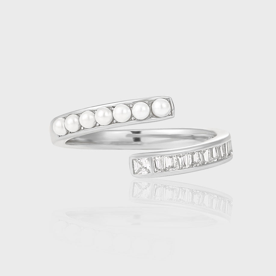 Simple Geometry Shell Pearls CZ Cross 925 Sterling Silver Adjustable Ring