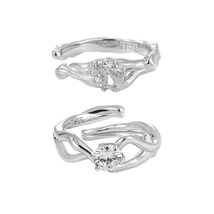 Anniversary Irregular Wave Round CZ 925 Sterling Silver Adjustable Couple Ring