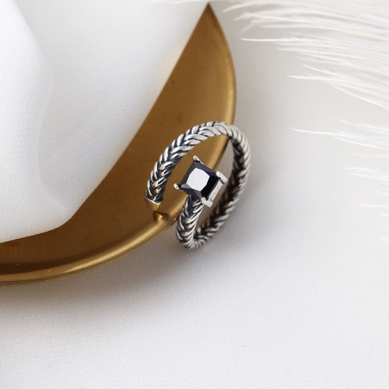 Vintage Twisted Black CZ 925 Sterling Silver Adjustable Ring